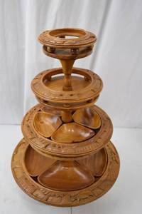 lot 27 image: Hand-Carved 3-Tier Wooden Server with Animal Motif - 23in Tall