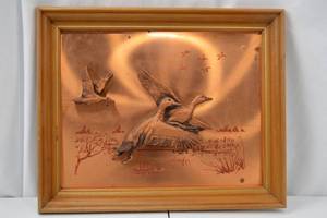 lot 35 image: Framed Copper Relief Wall Art with Ducks, 16 x 13 in.