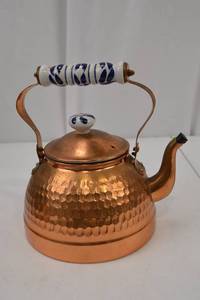 lot 40 image: Handcrafted Copper Tea Kettle with Ceramic Handle - 9 Inch Tall