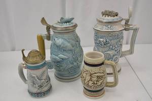 lot 83 image: Vintage Collector Beer Stein Lot with Automotive and Wildlife Themes