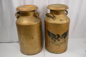 lot 166 image: Pair of Vintage Decorated Metal Milk Cans, 25 Inch, Eagle Motif