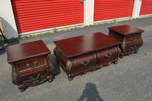lot 210 image: Ornate Dark Wood Coffee Table with Two Matching End Tables