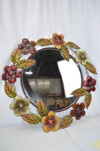 lot 141 image: Round Floral Metal Framed Wall Mirror, Approx. 32 Inch Diameter