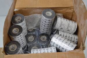 lot 186 image: Box of Zebra 2000BK11030 Black 2000 Wax Ribbon Rolls, 110mm x 300m