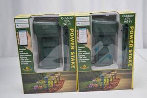 lot 194 image: 2 Outdoor Wi-Fi Power Stake Smart Outlets, 6-Outlet, AlexaGoogle Compatible
