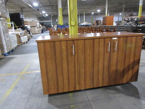 lot 318 image: ECA WOODEN UTILITY CABINET WITH TRASH CADDY