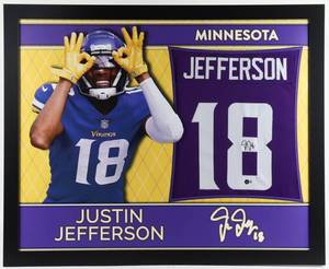 lot 7 image: Justin Jefferson Signed 35x43 Custom Framed Jersey (Beckett Hologram)