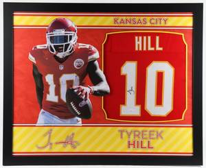 lot 25 image: Tyreek Hill Signed 35x43 Custom Framed Jersey (JSA COA)