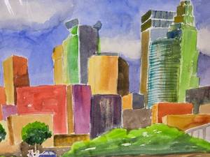 lot 35 image: Amazing Fine Art Watercolor - Jim McChesney - Minneapolis Skyline