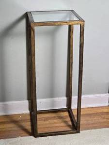 lot 28 image: Chic Minimalist Rectangular Metal Frame Accent Table with Beveled Glass Surface