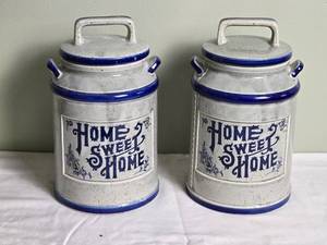lot 122 image: Adorable Home Sweet Home Earthenware Kitchen Canister Pair