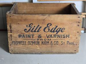 lot 108 image: Antique Wood Crate - Gilt Edge Paint & Varnish - St. Paul