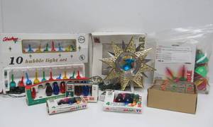 lot 12 image: Large Group of Vintage Christmas Lights & Ornaments wTreetop Star