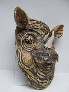 lot 25 image: Awesome Large Heavy ClayPottery RHINO Wall Sculpture