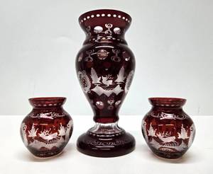 lot 55 image: Antique Cranberry Cut to Clear Glass Pitcher & 2 Glasses