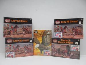 lot 88 image: Lot of 5 Brand New Vintage Western Models  Life-Like Lazy M Corral & Circle A Chuck Wagon