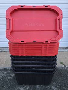 lot 203 image: Lot of 7 New or Like New Heavy Duty HUSKY Latch & Stack 15 Gallon Totes wLids