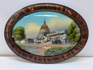 lot 234 image: Antique Reverse Painted on Glass Oval Artwork - US Capitol Building