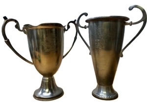 lot 248 image: 2 Larger Heavy Ornate Trophy Cups wCoat of Arms Designs