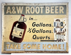 Large Original 1950's era Embossed Tin A&amp;W Root Beer Advertising Soda Sign