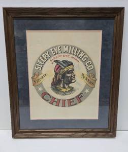 lot 258 image: Framed SLEEPY EYE Milling Company Flour Advertisement w Old Sleepy Eye