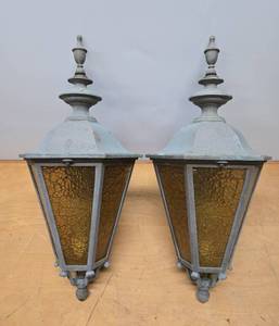 lot 300 image: Pair of LARGE 1950s era HADCO Outdoor Porch Lights 2Amber Glass