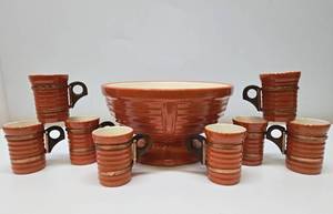 lot 297 image: Great Looking Mid Century RED WING Art Pottery Punch Bowl Set w8 Glasses