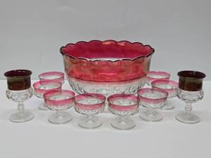 lot 336 image: Vintage Ruby Red Trimmed Glass Punch Bowl Set
