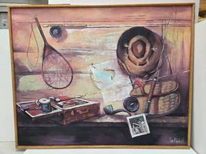 lot 310 image: LARGE Vintage LEE REYNOLDS Original Oil on Canvas - Rustic Fishing Cabin - Rod & Reel