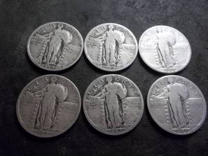 lot 34 image: 6-Standing LIberty Quarters All Different Dates