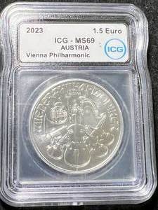 lot 19 image: 2023 AUSTRIAN PHILHARMONIC ICG MS69 1 TROY OZ .999 FINE SILVER