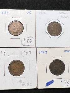 lot 34 image: 4 US INDIAN HEAD CENTS 1889 1906 1907 1908