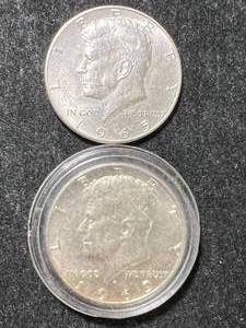 lot 49 image: 2 US 40% SILVER KENNEDY HALF DOLLARS 1965 1969