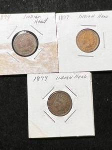 lot 56 image: 3 US INDIAN HEAD CENTS 1894 1897 1899