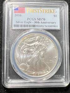 lot 57 image: 2016 AMERICAN SILVER EAGLE PCGS MS70