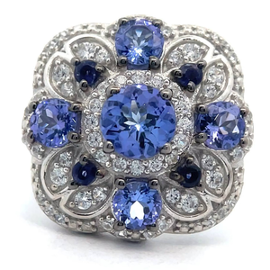 lot 23 image: NEW Extravagant Tanzanite & Pav Natural Diamond Flower Ring VIDEO