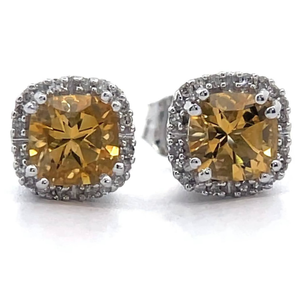 lot 34 image: NEW Cushion Cut Citrine & Natural Diamond Stud Earrings in White Gold VIDEO