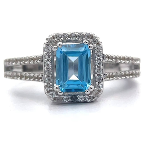 lot 35 image: 1.27 Carat Blue Topaz & White Topaz Halo Split Shank Ring VIDEO