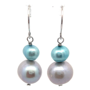 lot 44 image: NEW Double Blue & Silver-White Freshwater Pearl Shepherds Hook Earrings