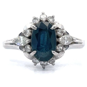 1.41 Carat Natural Blue Sapphire & Diamond Cluster Estate Ring in Platinum *VIDEO*