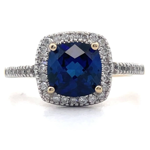 lot 10 image: NEW Blue Sapphire & Natural Diamond Halo Pav Ring in 14k Yellow Gold VIDEO