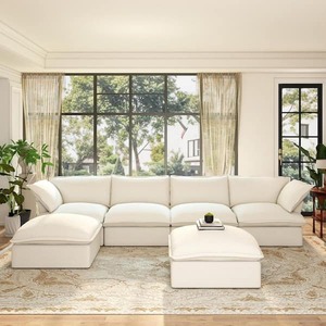 lot 2 image: U-shaped 163 in. Flared Arm 6-piece Down Filled Linen Modular Sectional Sofa Bed Cloud Couch with 2 Ottomans in White