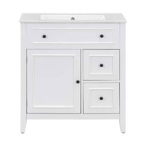 lot 53 image: Virubi 30 in. W Single Sink Bath Vanity in White with White Ceramic Top, 2 Drawers, Magnetic Door Stopper, needs assembly