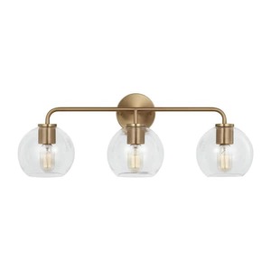 lot 138 image: Generation Lighting Orley 26.5 in 3-Light Satin Brass Modern Industrial Wall Bathroom Vanity Light with Clear Glass Shades