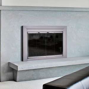lot 143 image: Pleasant Hearth Clairmont Large Skyline Nickel Glass Fireplace Doors
