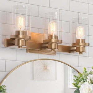lot 157 image: set of 2 Modern Industrial 3-Light Dark Gold Bathroom Vanity Light Glam Powder Room Wall Light with Seeded Glass Shades