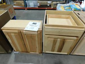 lot 199 image: Hampton Bay Hampton 27 in. W x 12 in. D x 30 in. H Assembled Wall Kitchen Cabinet in Natural Hickory and 24 in bottom cabinet