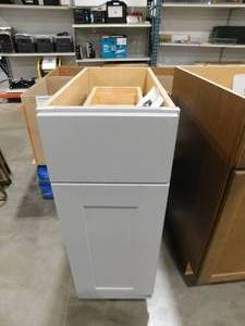 lot 201 image: Hampton Bay Shaker 15 in. W x 24 in. D x 34.5 in. H Assembled Base Kitchen Cabinet in Dove Gray with Ball-Bearing Drawer Glides