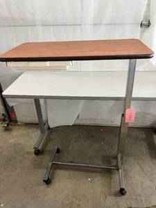 lot 41 image: Height Adjustable & Mobile Overbed Table&nbspTV Tray Workstation with Built-In Compact Mirror - Heavy Duty Steel Low Profile Base - Great Condition