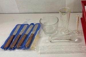 lot 55 image: Vintage & New Laboratory Glassware and Tools - Spatulas, Cleaning Brush, Mortar & Pestle, Graduated Beaker, Cylinder, Stirring Rods 